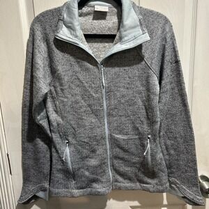 Columbia Full Zip Fleece Jacket Womens Small Gray Herringbone Textured Blue Trim
